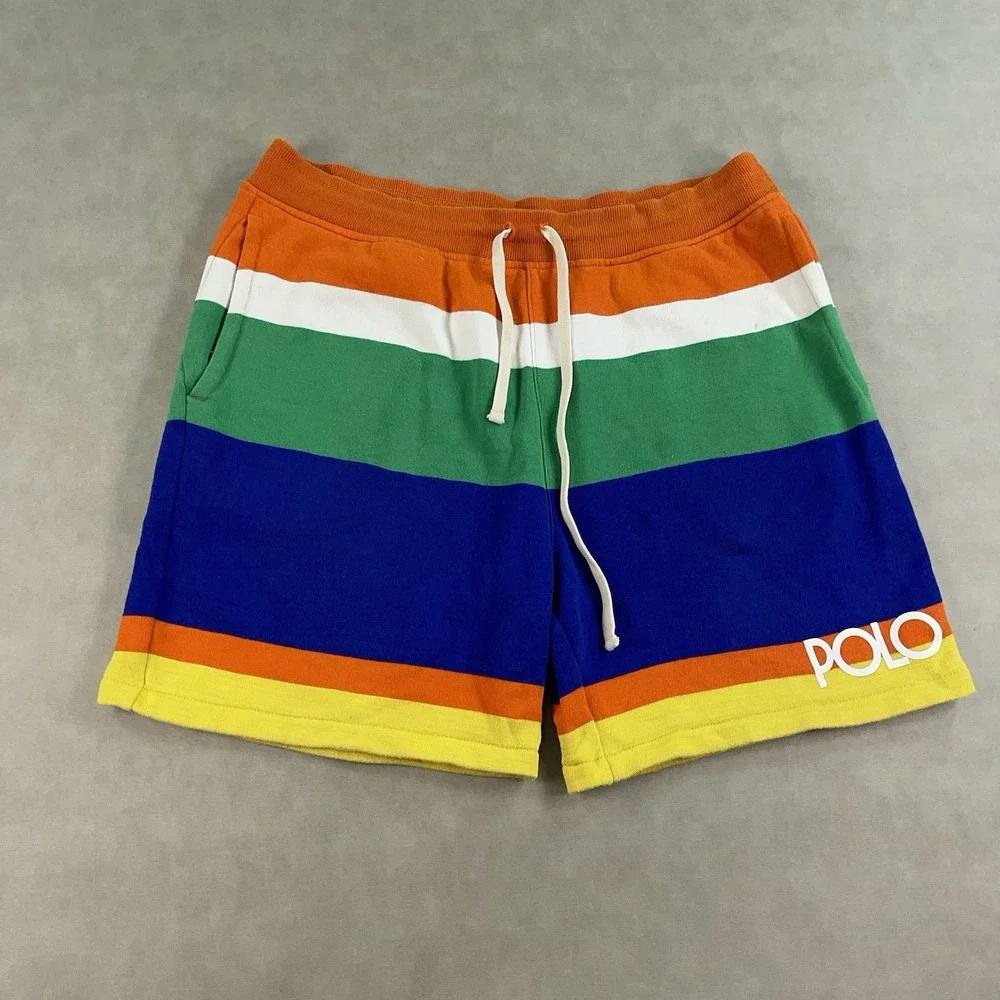 Polo Ralph Lauren Men's Orange Multi Colorblock  Fleece Lined Shorts Large 6